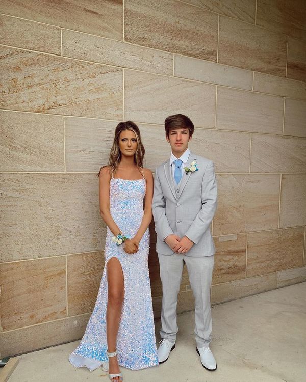 Sparkly Mermaid Scoop Neck White Sequins Long Prom Dresses with Slit f formalgowns