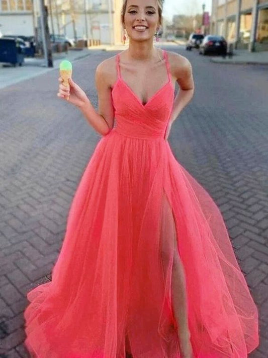 A-Line Princess Sleeveless Tulle V-neck Ruched Sweep Brush Train Dresses Prom Dresses      fg3189