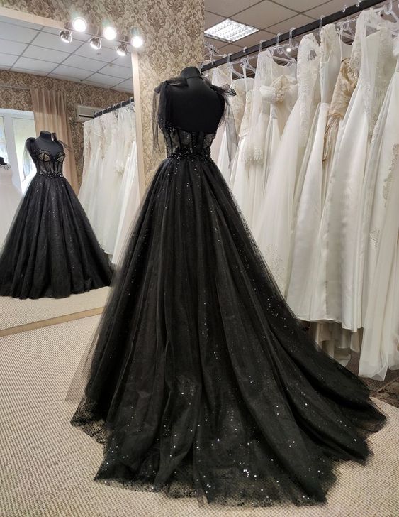 Black beaded cheap wedding dress