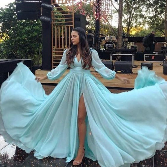 chiffon prom dresses deep v neck long sleeve front slit sexy elegant evening dress    fg1545