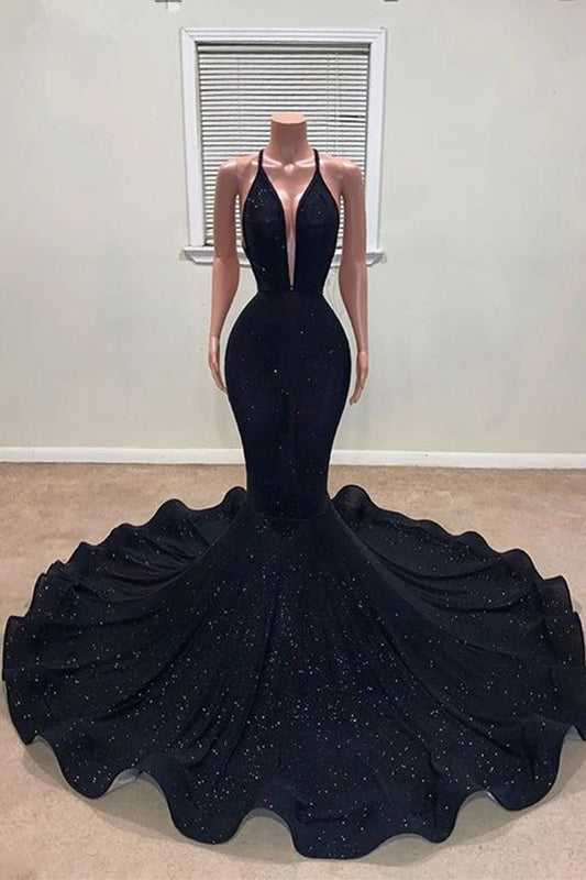 Black V-neck Spaghetti Straps Sleeveless Floor-length Mermaid Prom Dresses     fg1726