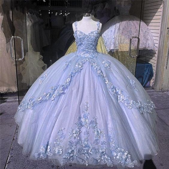 puffy prom dress, blue prom dress, tulle prom dresses, beaded prom dre ...