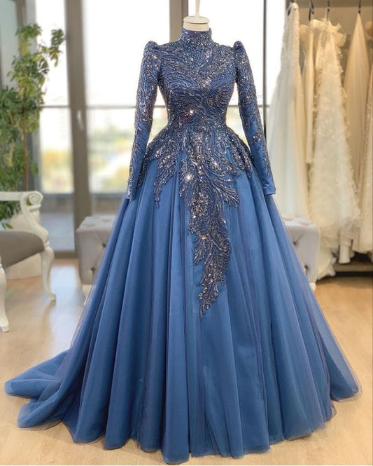 Blue high collar long sleeves Muslim fashion puffy skirt prom dress      fg1764