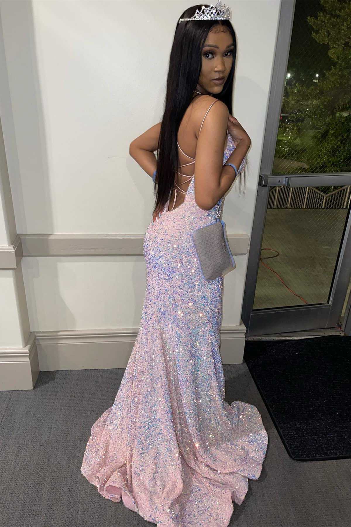 Pink sequin mermaid on sale long prom dress