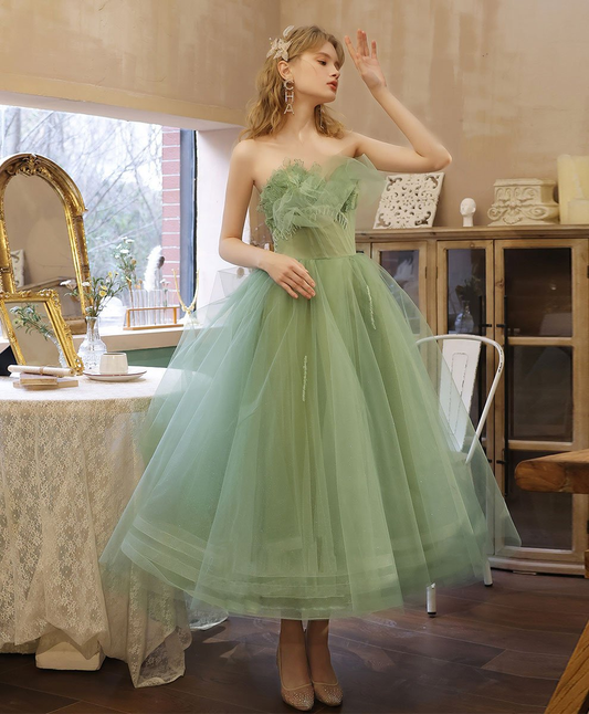 Green tulle lace tea length prom dress green tulle formal dress     fg1916