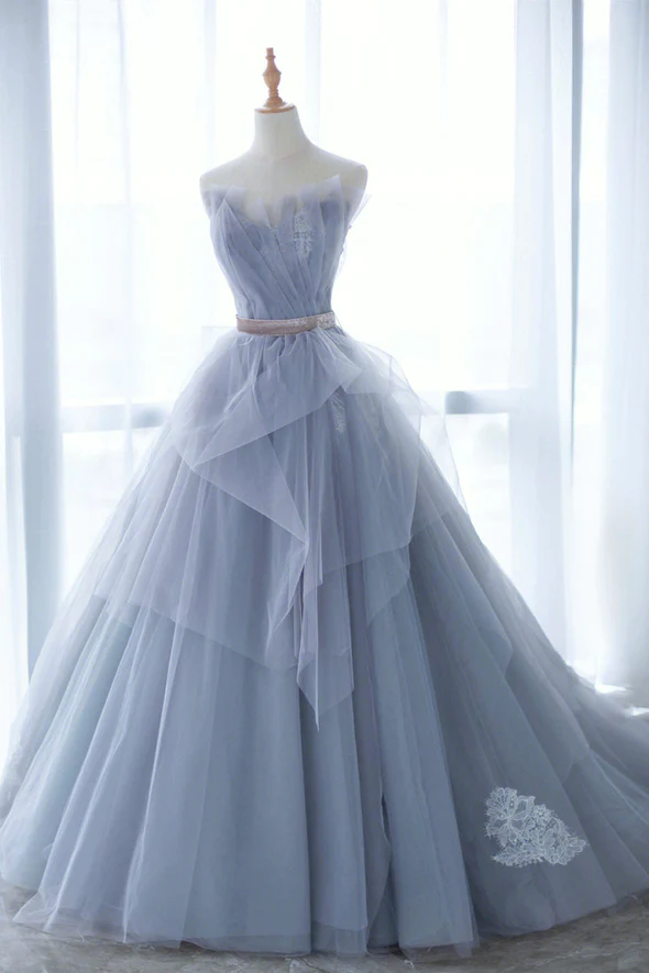 Blue Tulle Long A-Line Prom Dress with Lace    fg2227