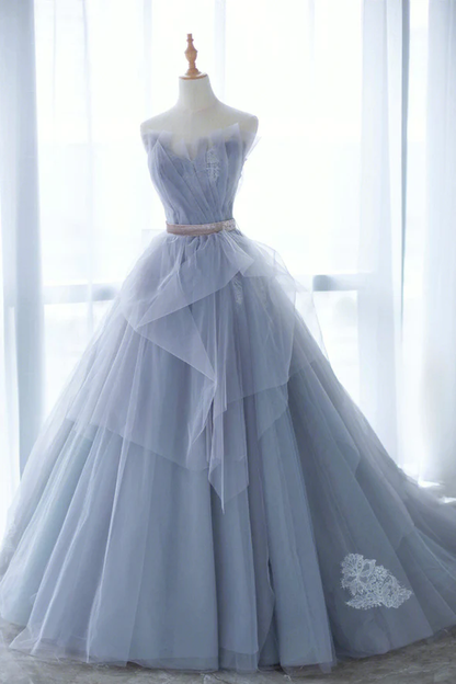 Blue Tulle Long A-Line Prom Dress with Lace    fg2227