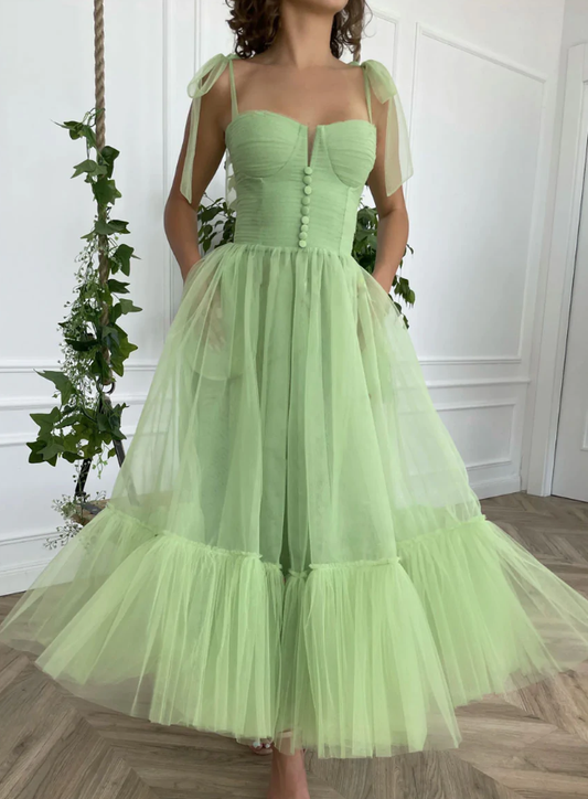 SIMPLE GREEN TULLE TEA LENGTH PROM DRESS, GREEN EVENING DRESS     fg1579