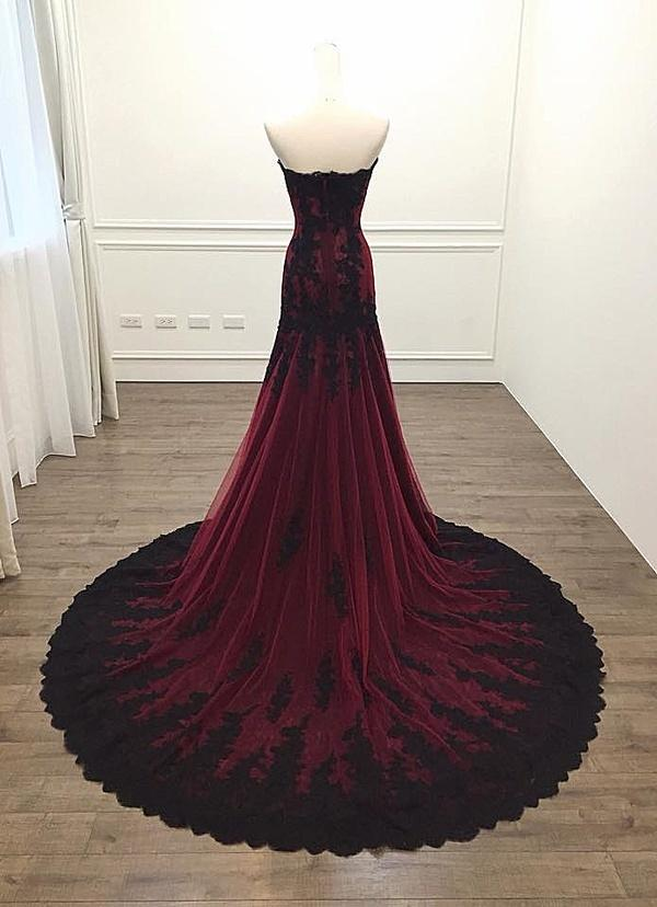 Black And Red Sweetheart Tulle With Lace Glam Evening Gown Party Dress, Long Formal Dress     fg2557