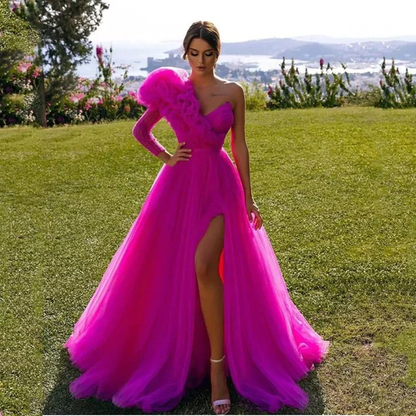 Ruffles Formal One Shoulder Tull High Slit Guest Dress Prom Dresses       fg3131