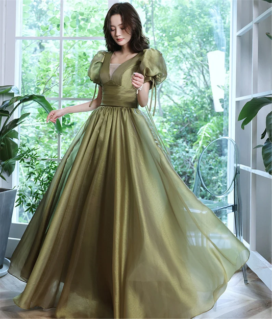 Green Evening Dress, Wedding Guest Dress, Puff Sleeve Dress, Fairy Dress, Cottagecore Dress, French Vintage Dress     fg2943