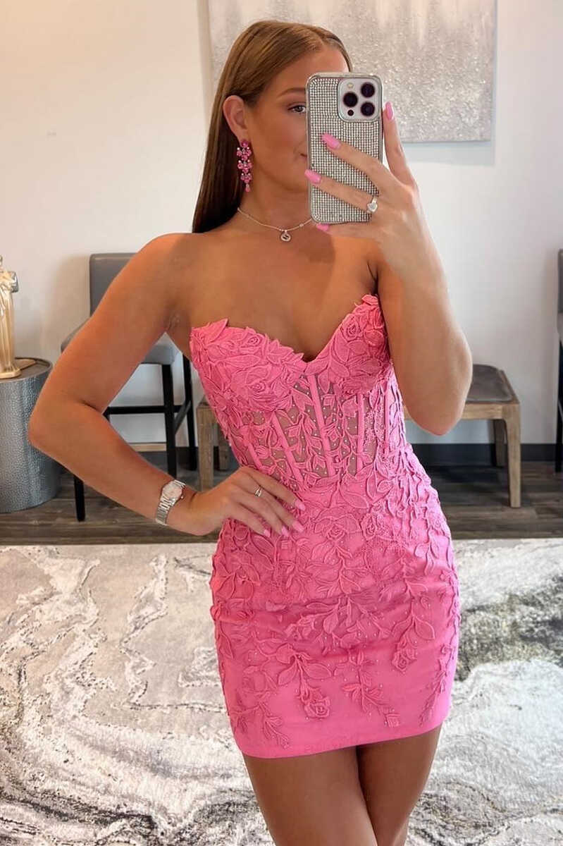 Hot Pink Appliques Strapless Lace-Up Bodycon Mini Homecoming Dress fg1 –  formalgowns