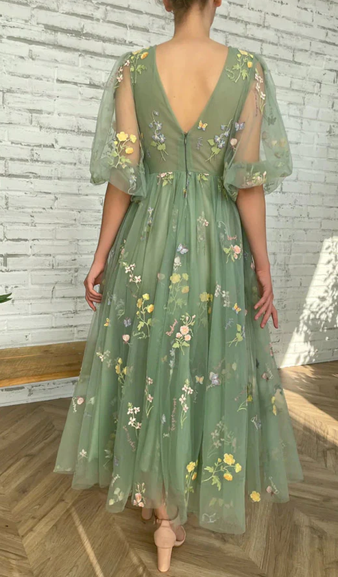 Elegant V Neck Green Tea Length Prom Dresses fg275 – formalgowns