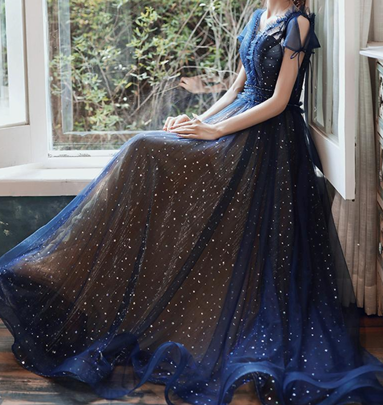 Stars Moon Sequins Prom Dress Navy Blue Long Evening Dress V Neck Banq –  formalgowns