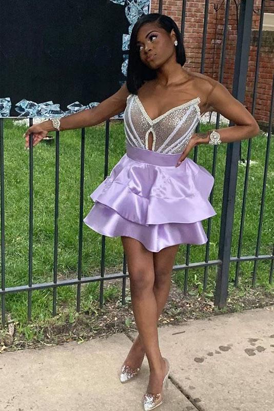 Short Purple Strapless Prom Dress