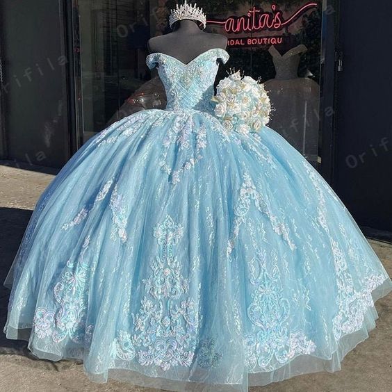 Quinceanera Dresses Lace Applique Beaded Bling Organza Off Shoulder Sw ...